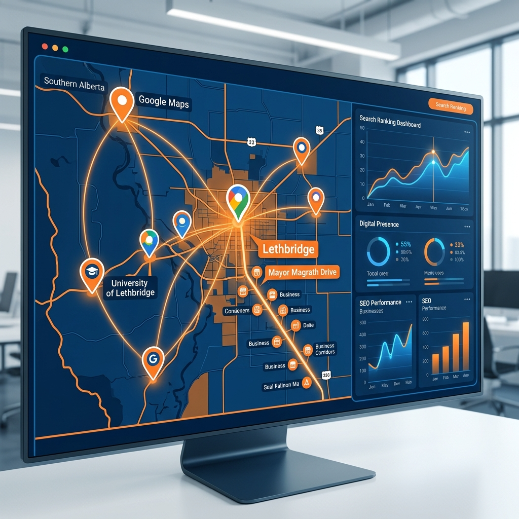 Google Maps pins connected together.Digital search ranking dashboard