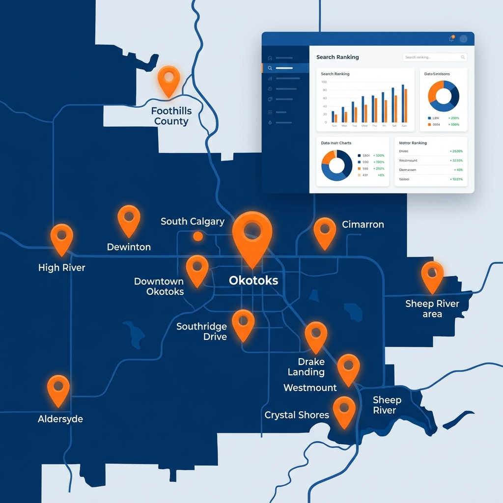 Okotoks and Foothills County. Highlight Okotoks, High River, Aldersyde, Dewinton, South Calgary, Downtown Okotoks, Southridge Drive, Cimarron, Drake Landing, Westmount, Crystal Shores, and Sheep River area. Add Google Maps pins and a search ranking dashboard.