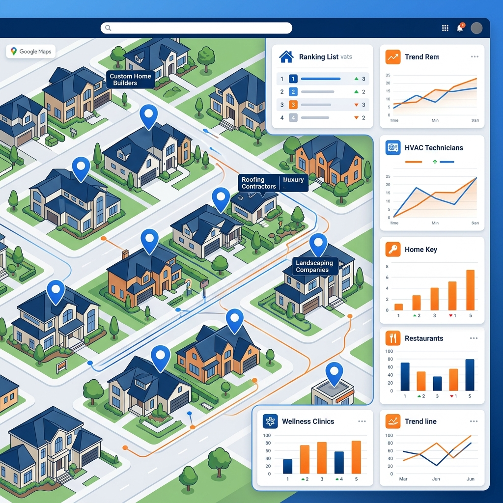 Luxury homes.Custom home builder.Roofing contractor.HVAC technician.Landscaping company.Real estate agent.Restaurant.Wellness clinic.Google Maps markers connected to ranking dashboard.