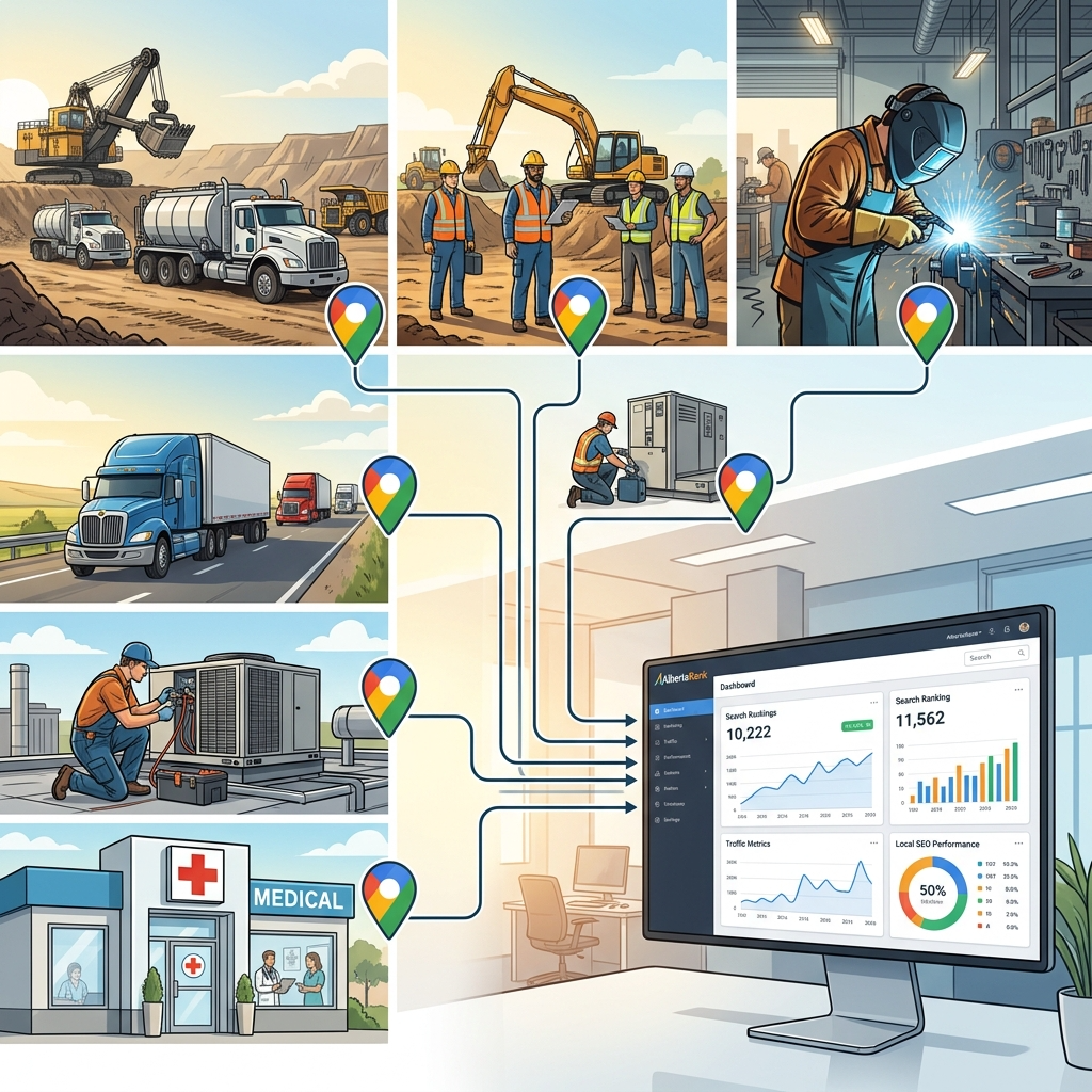 oil sands service trucks, heavy equipment, construction crews, welding shop, logistics fleet, HVAC technician, medical clinic, and Google Maps markers connected to a search ranking dashboard