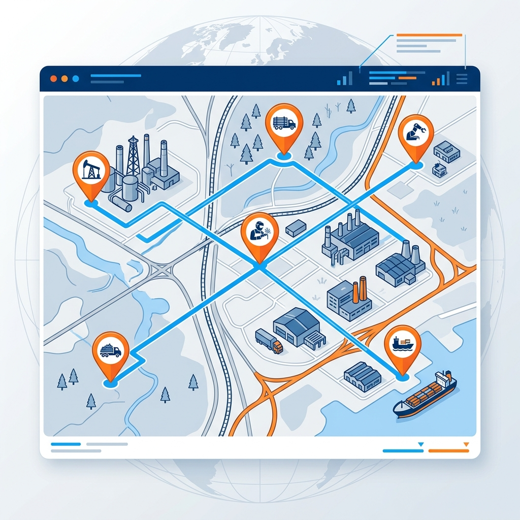 Oilfield service trucks.Forestry logging equipment.Heavy machinery.Welding fabrication workshop.Construction company.Trucking logistics fleet.Google Maps markers connecting industrial businesses.
