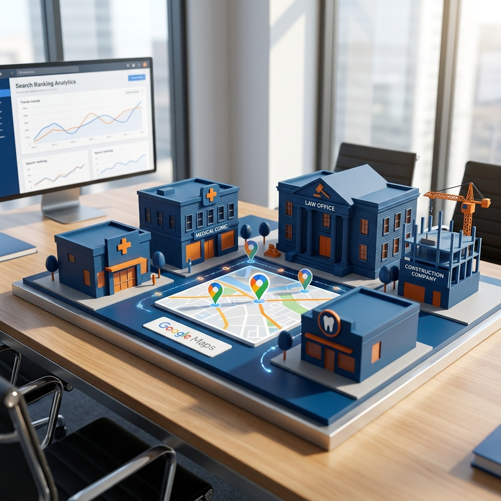 Google Maps markers connecting businesses.Search ranking analytics dashboard.