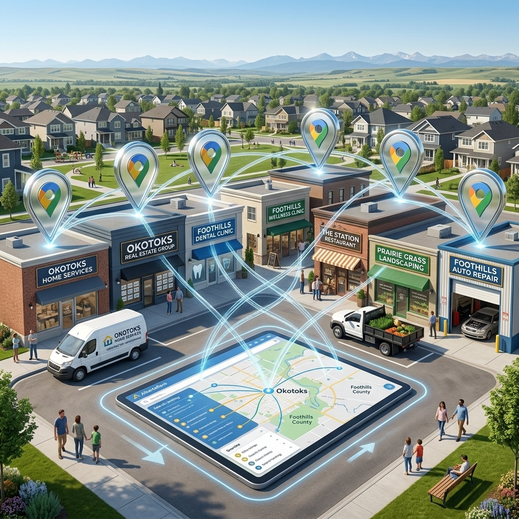 Okotoks home service contractors, real estate professionals, dental clinic, wellness clinic, restaurant, retail store, landscaping company, auto repair shop, and Google Maps pins connected to search rankings.