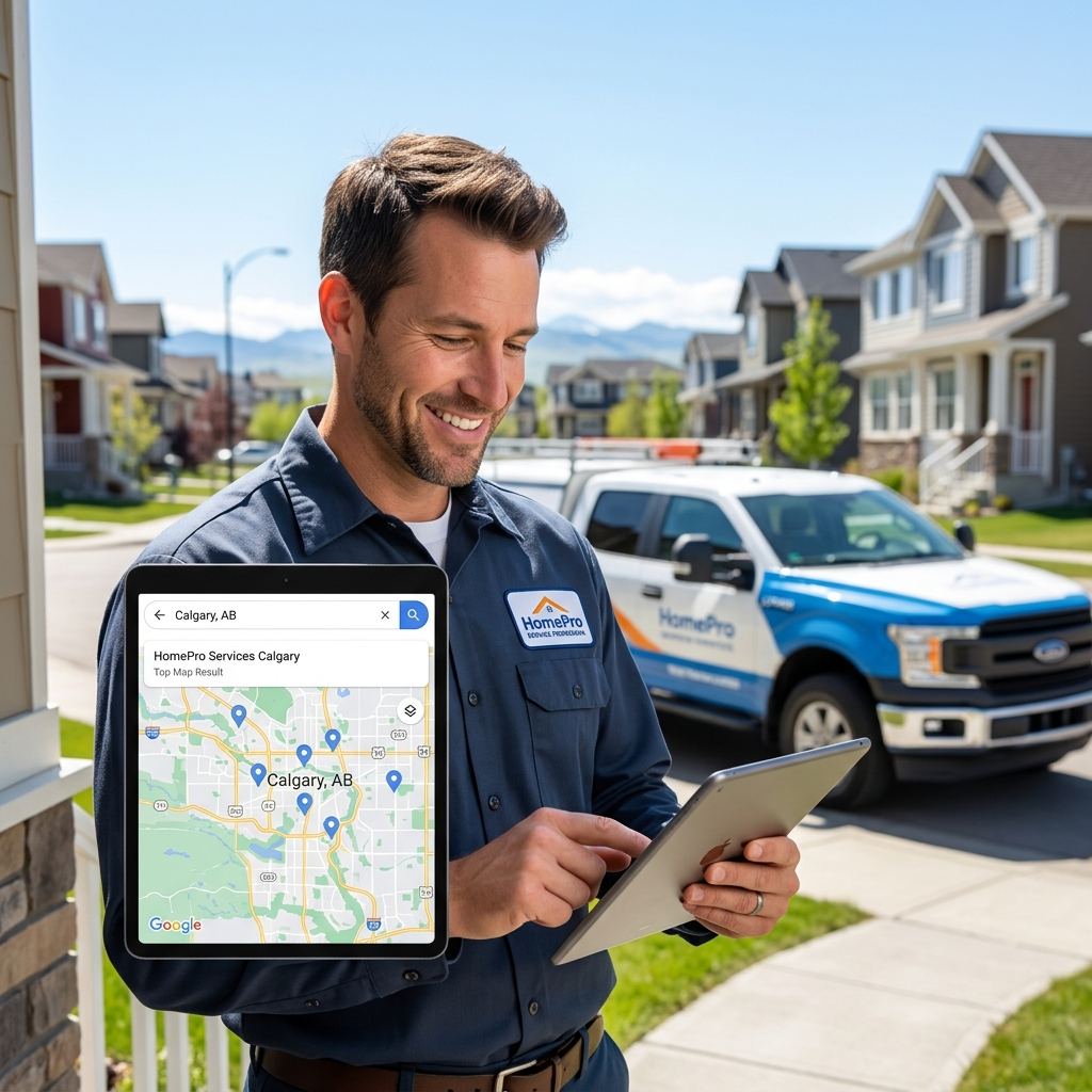A vibrant, photorealistic advertisement showcasing Alberta's home service contractors, emphasizing map pack rankings for enhanced visibility and customer engagement.