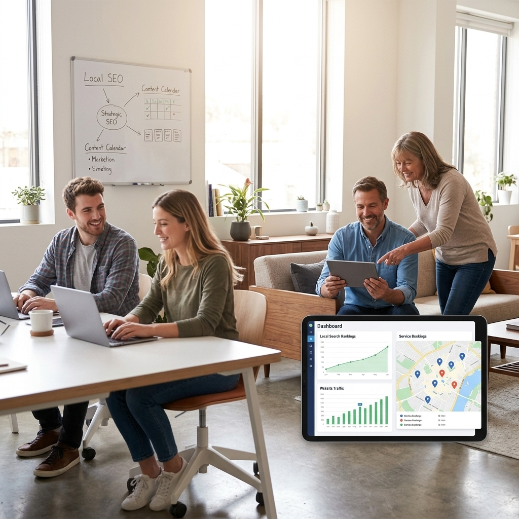 A vibrant, modern SEO agency graphic showcasing how they help home service businesses thrive and grow locally with strategic online marketing.