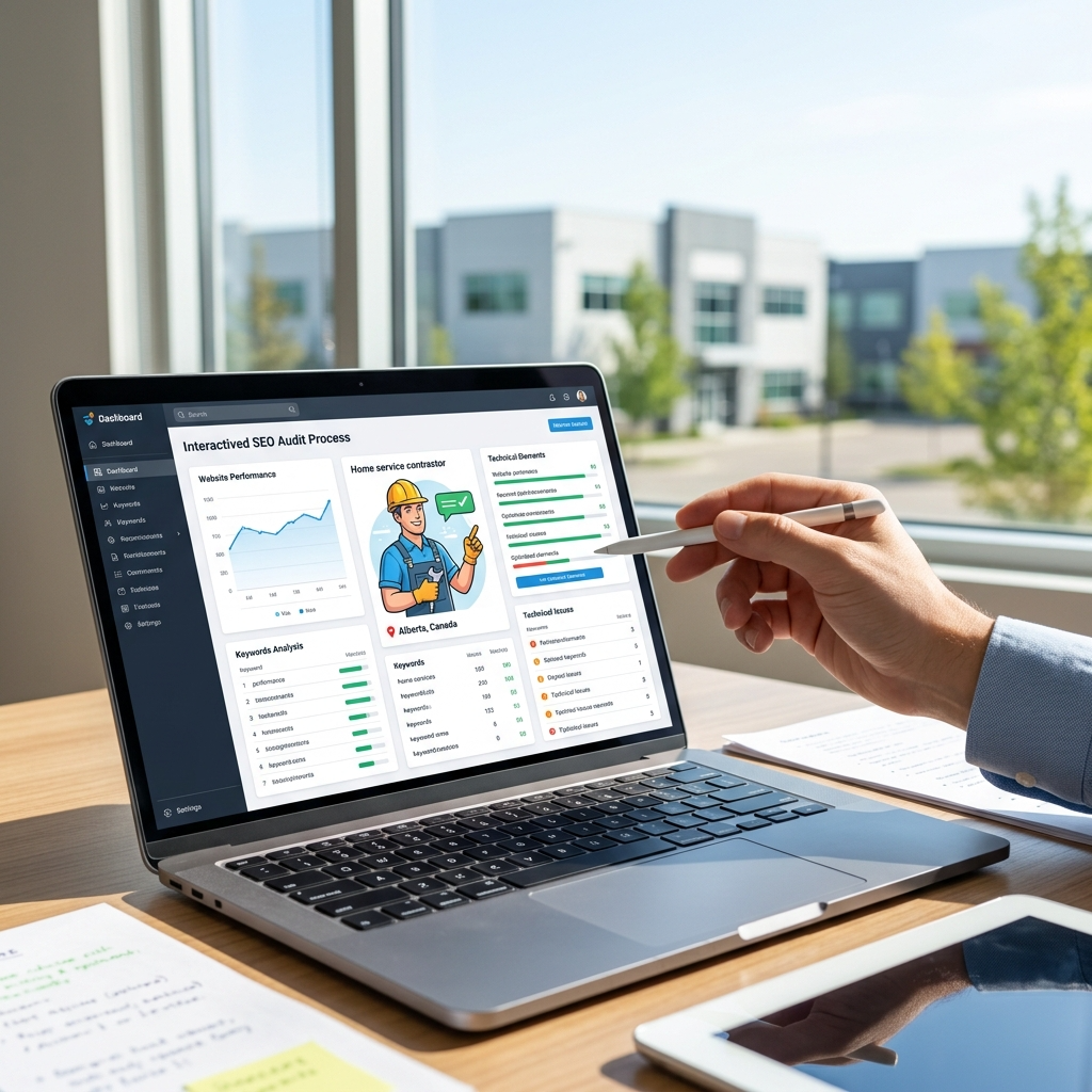 A photorealistic image showcasing a modern, streamlined SEO audit process, featuring a graphic of a home service contractor in Alberta, highlighting effective strategies.