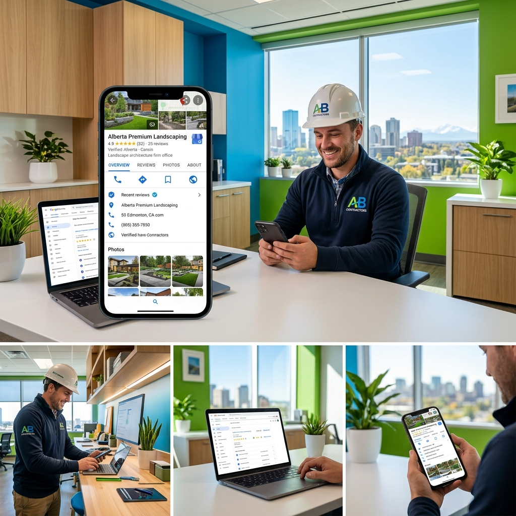 A stunning, professional image showcasing optimized Google Business Profiles, highlighting Alberta contractors' success in a modern, vibrant design.