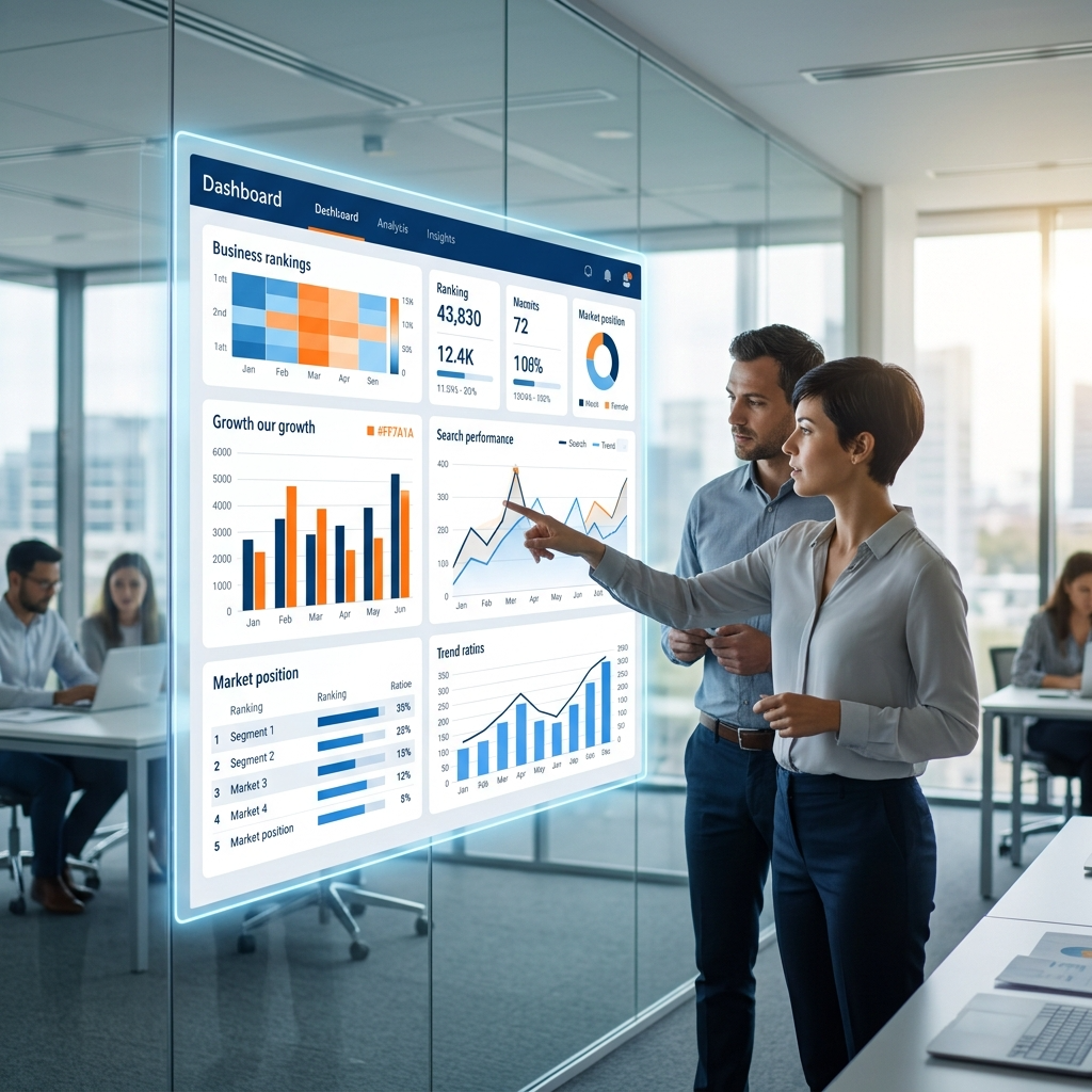 ChatGPT search interface.Voice search assistant.Business ranking dashboard.AI analyzing search engine data