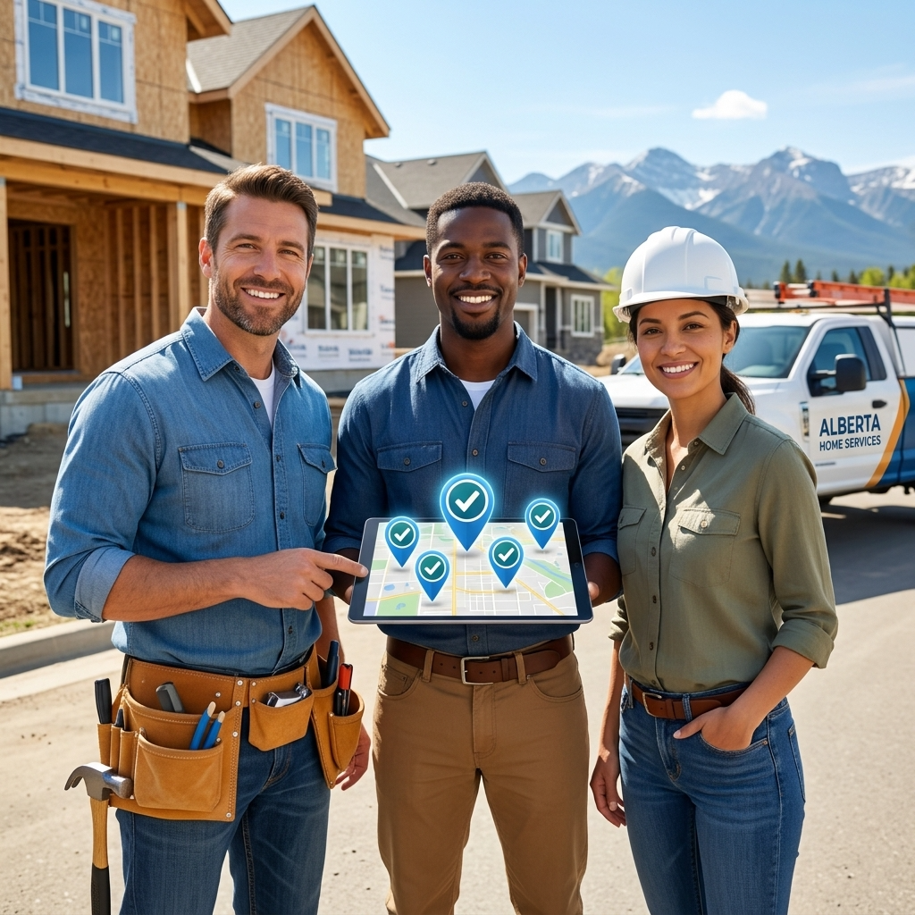 A vibrant, warm image showcasing successful home service contractors in Alberta, benefiting from local SEO services, enhancing their online visibility.