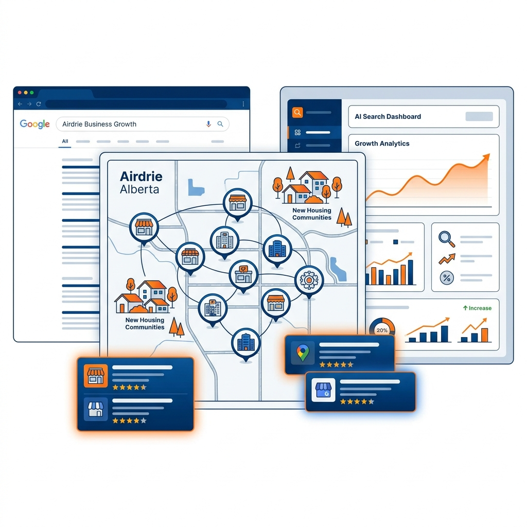 Airdrie Alberta as a fast-growing suburban business city. local businesses, new communities, Google Maps ranking cards, Google Search interface, AI search dashboard, and growth analytics.