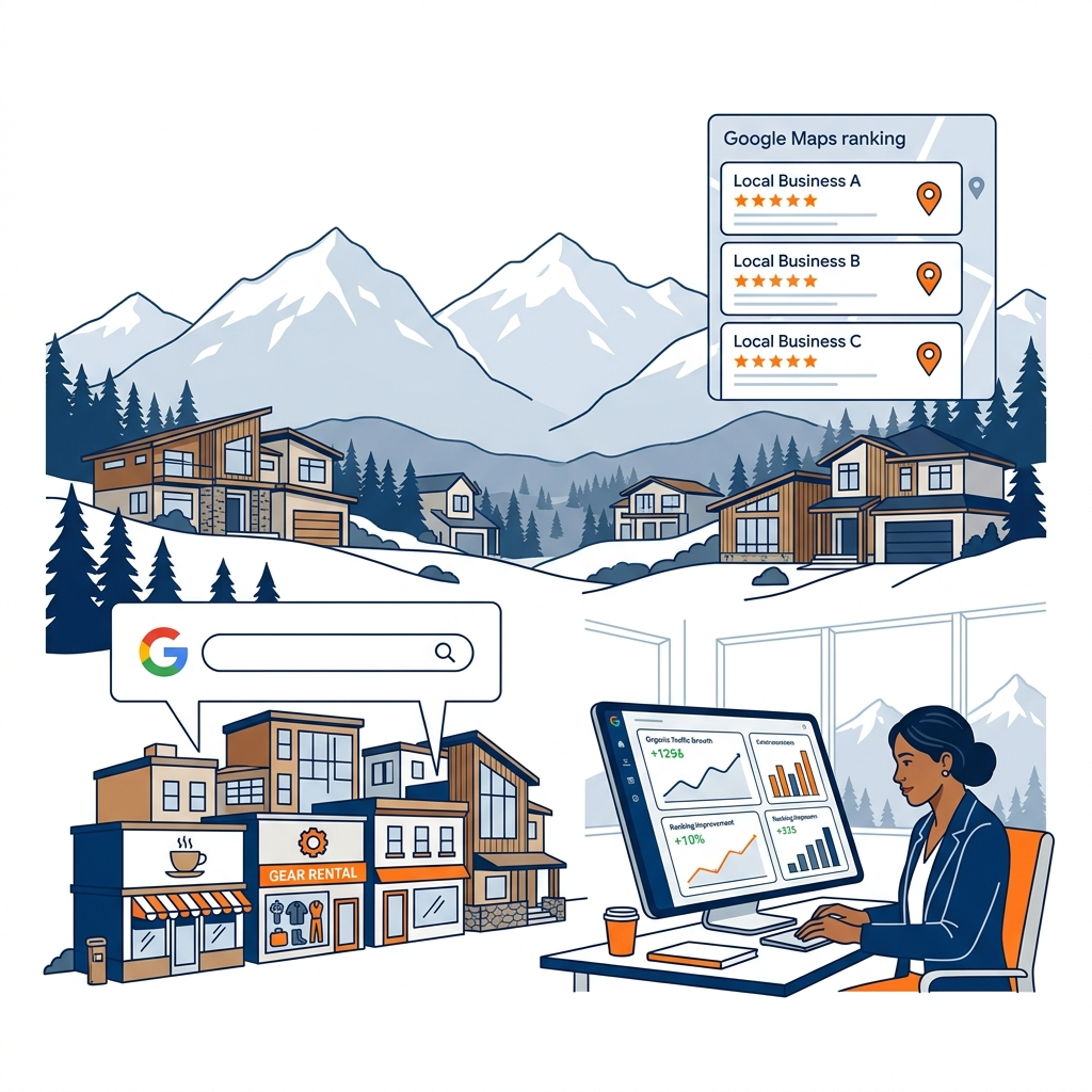 Cochrane Alberta mountain town environment. Upscale suburban homes. Google Search interface floating above local businesses.