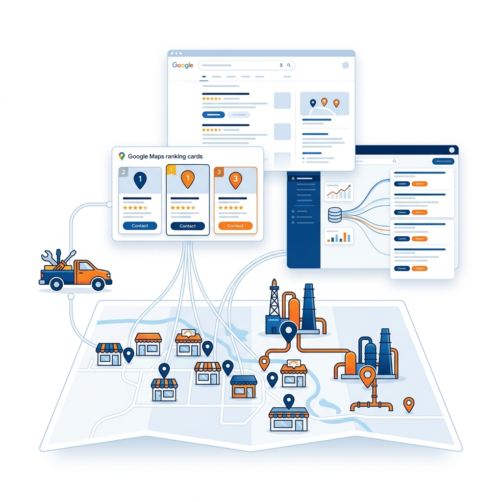 Fort McMurray Alberta. oil sands industrial operations, service trucks, local businesses, Google Maps ranking cards, Google Search interface, and AI search dashboard.