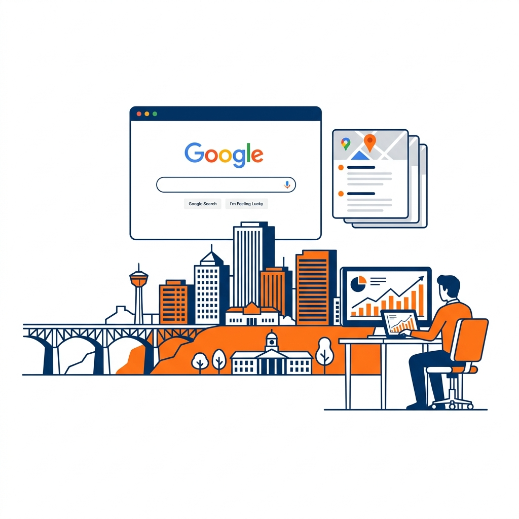 Lethbridge Alberta skyline. Google Search interface floating above city businesses