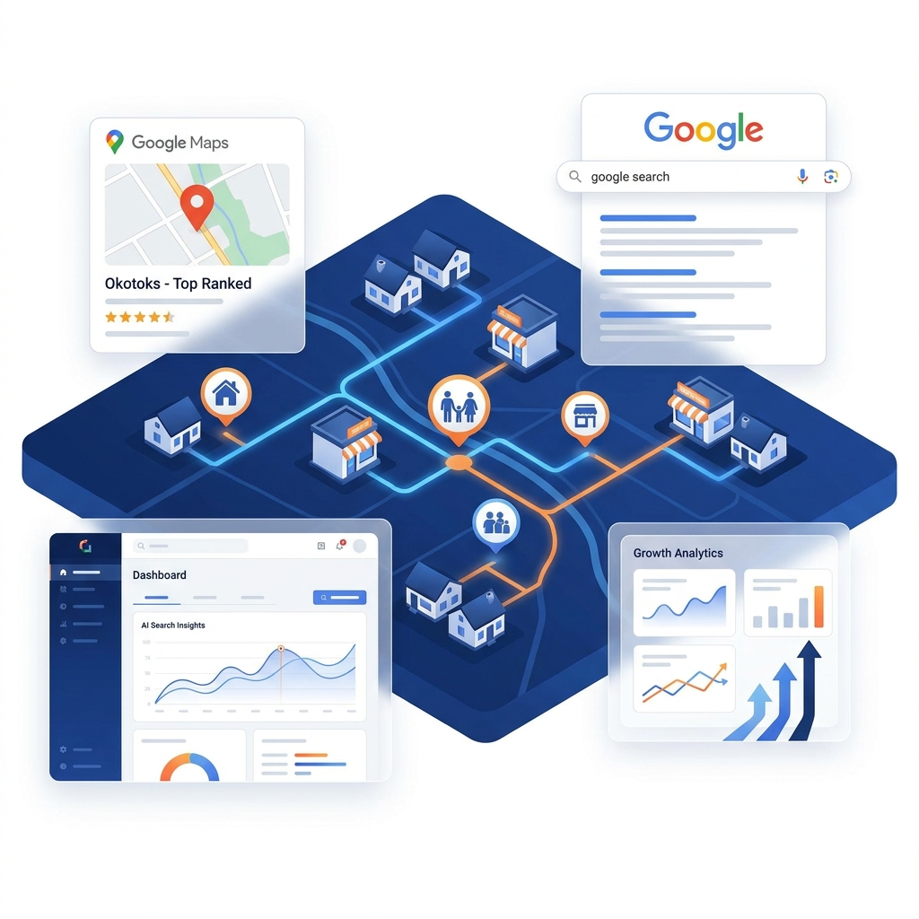 Okotoks Alberta. Show a growing suburban town, local businesses, family communities, Google Maps ranking cards, Google Search interface, AI search dashboard, and growth analytics