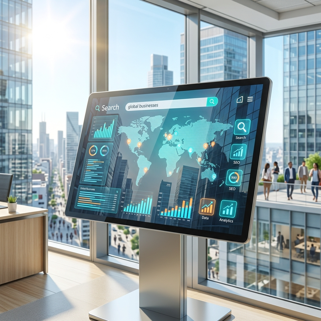 Modern digital marketing strategy: diverse search platforms for optimal business visibility, featuring vibrant cityscapes and tech interfaces.