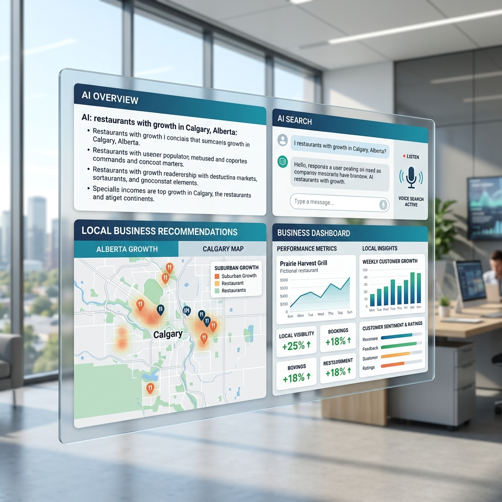 Google AI Overview, ChatGPT-style search interface, Google Maps recommendations, voice search assistant, local business dashboard, and suburban growth visuals