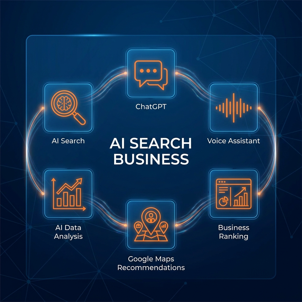 Google AI Overview.ChatGPT search interface.Voice assistant.AI analyzing search data.Google Maps business recommendation engine.Business ranking dashboard.