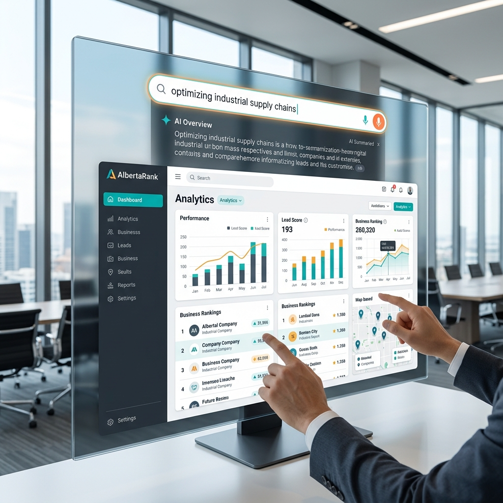 Google AI Overview, ChatGPT-style search interface, Google Maps recommendations, voice search assistant, and industrial business ranking dashboard.