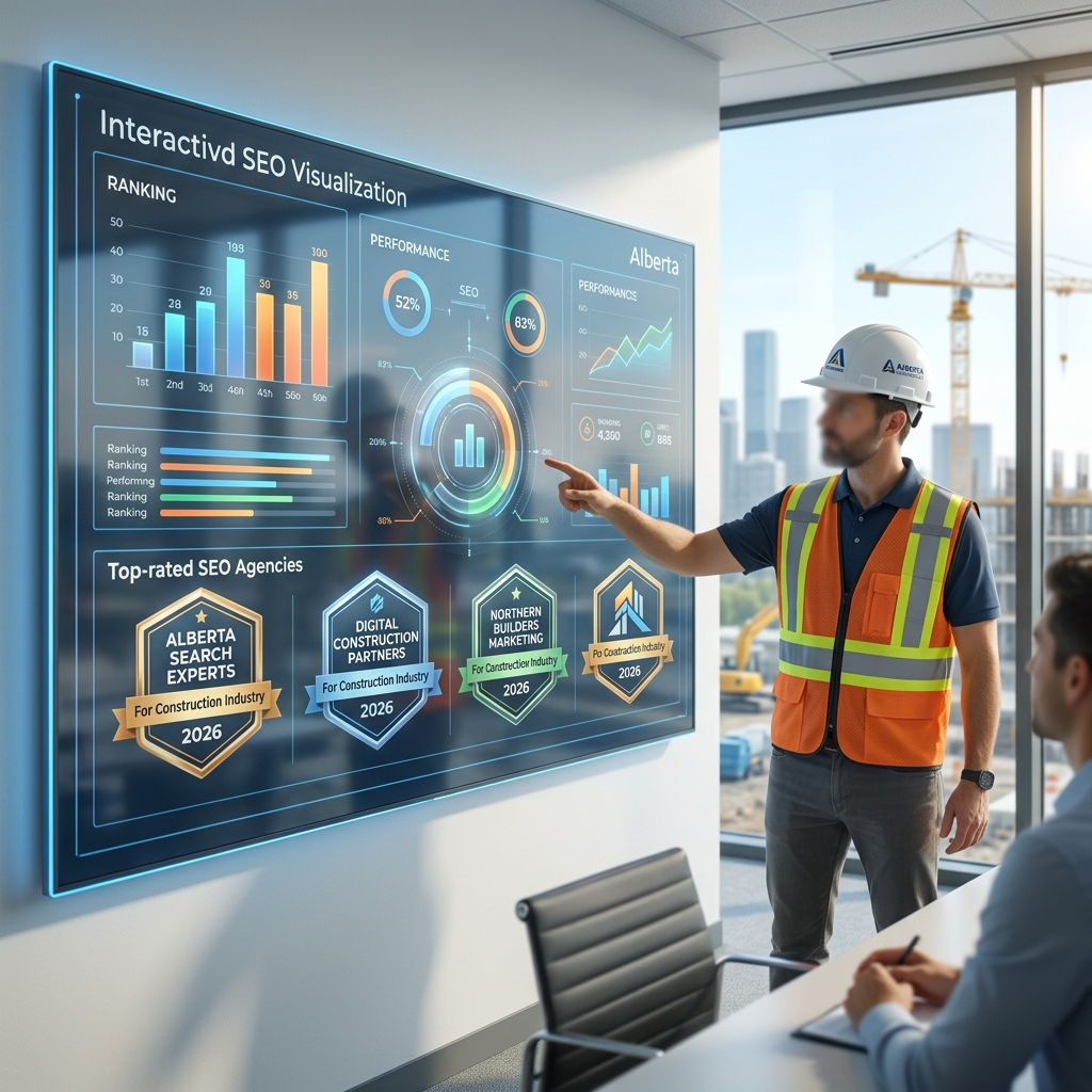 A vibrant, modern graphic showcasing top-rated SEO agencies in Alberta, perfectly tailored for the construction industry, with a futuristic, 2026 design.