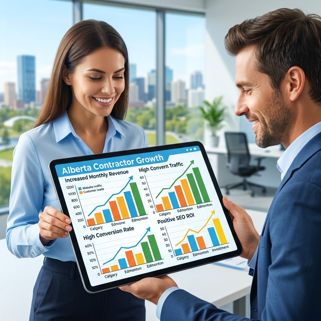 A vibrant graphic illustrating successful SEO ROI tracking for Alberta home contractors, showcasing growth and profitability, with a modern, clean design.