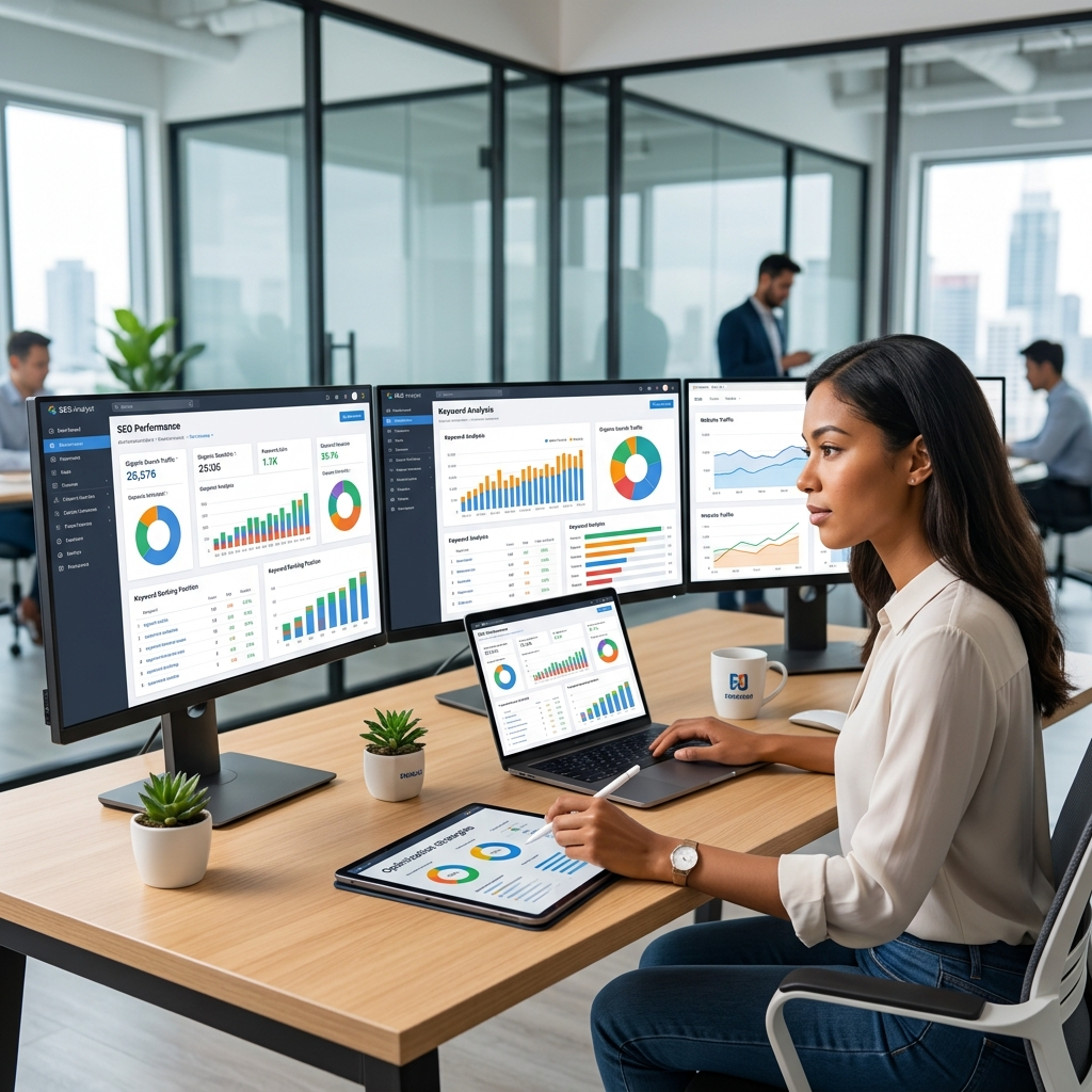A vibrant, modern graphic illustrating SEO services and their intricate processes, showcasing data analysis and strategic optimization for online visibility.