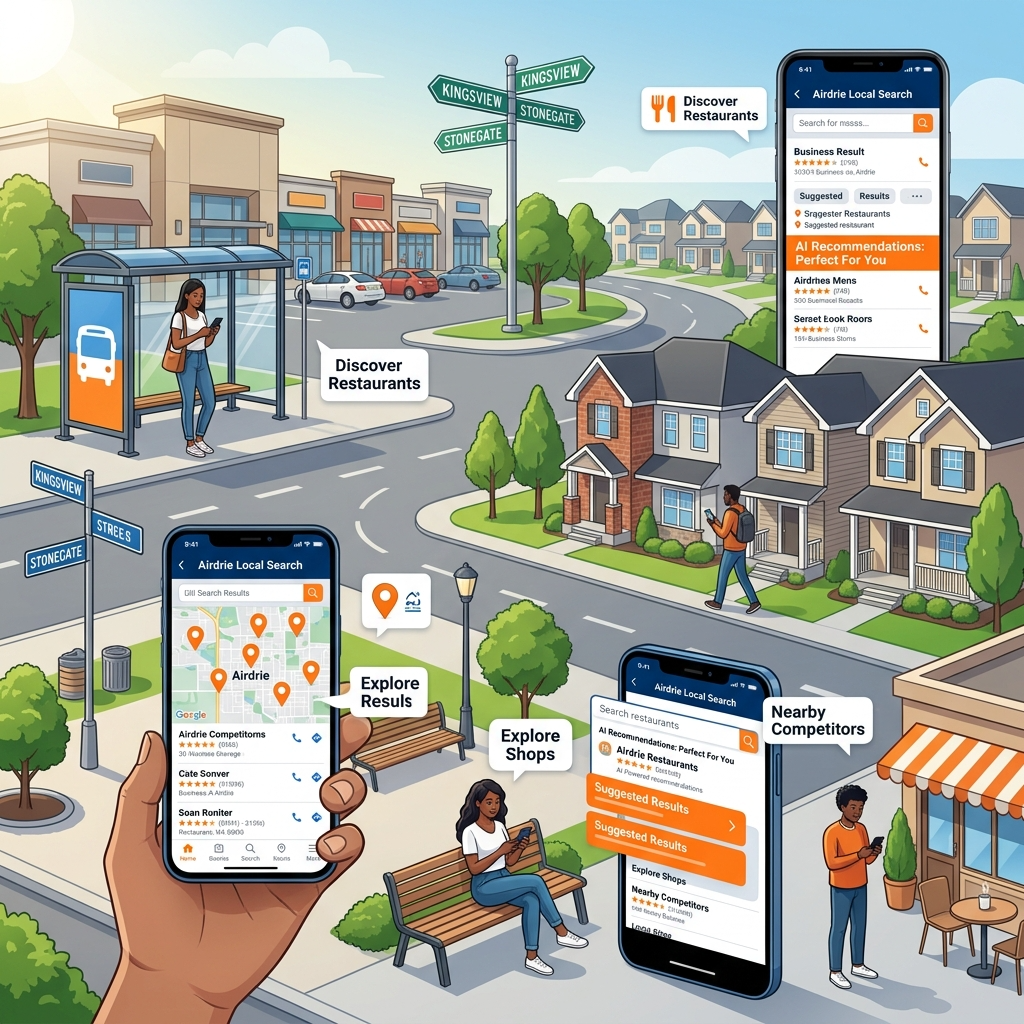 Airdrie customers searching for local businesses on mobile phones. Include Google Maps pins, local search results, nearby competitors, suburban homes, retail plazas, and AI recommendations.