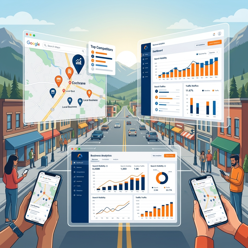 Google Maps local listings.Mountain town business district.Competitors ranking above local businesses.Business analytics dashboard.