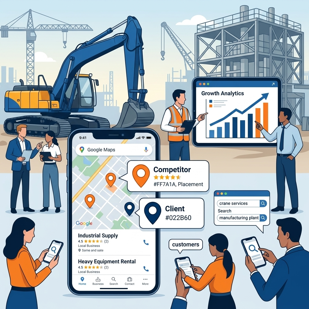 Customers searching industrial businesses on mobile phones.Google Maps local listings.Competitors ranking higher.