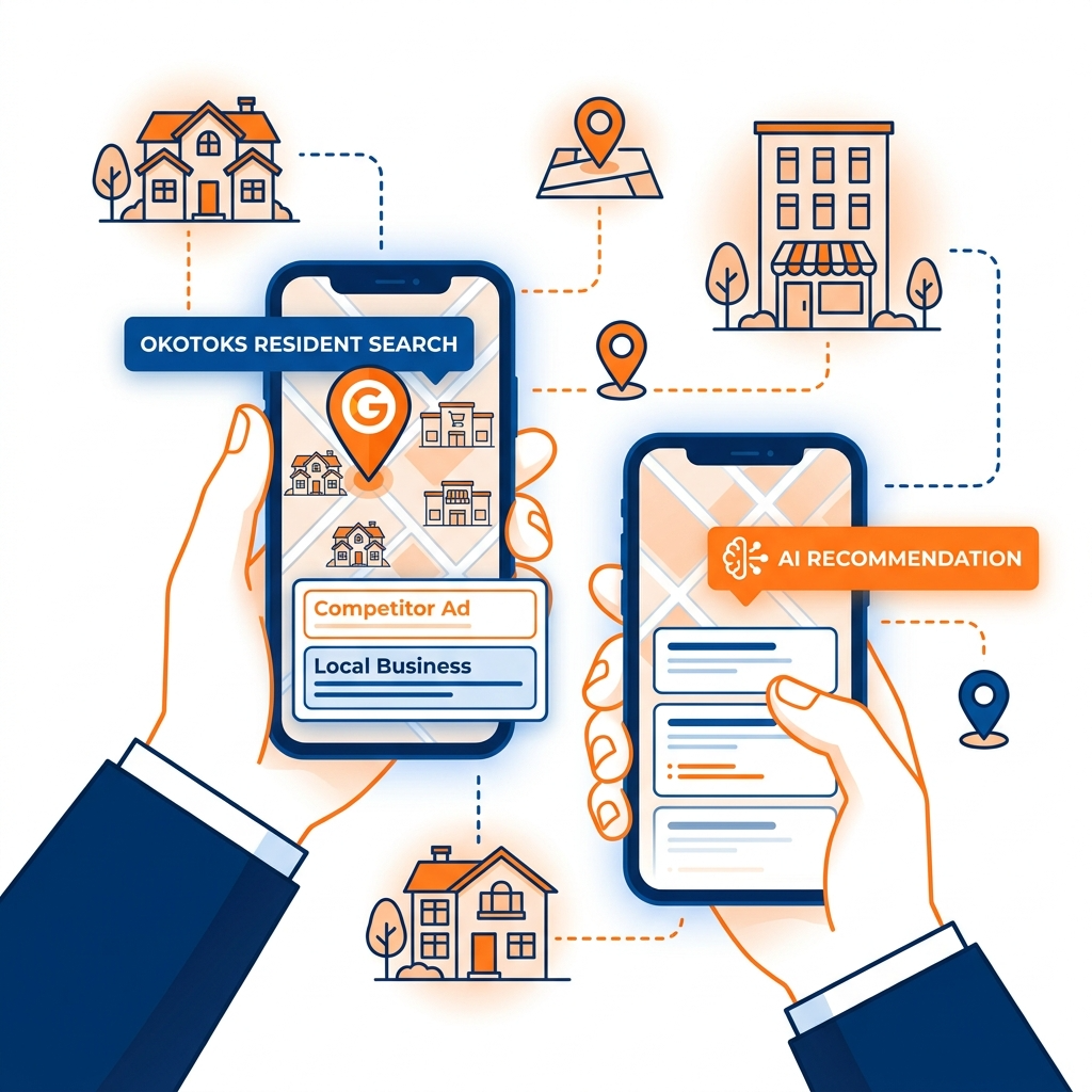 Okotoks residents searching for local businesses on mobile phones. Include Google Maps pins, local search result cards, suburban homes, retail plazas, competitors ranking above local businesses, and AI recommendation interface