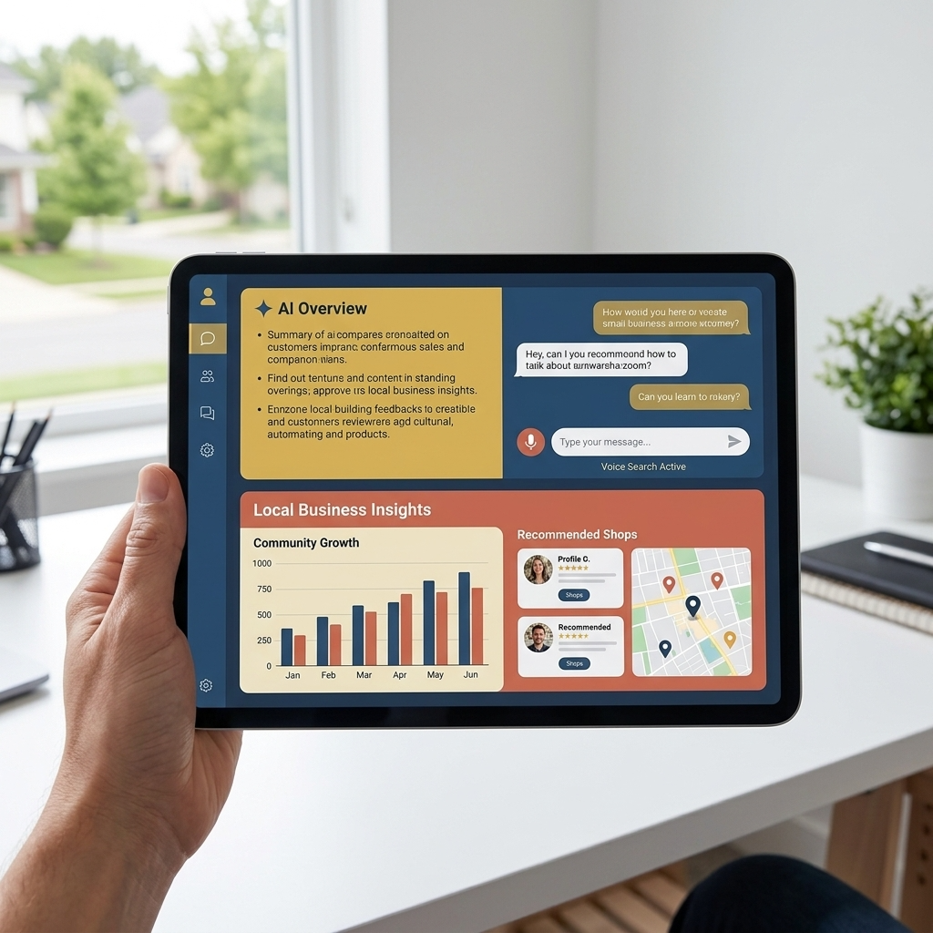 Google AI Overview, ChatGPT-style search interface, Google Maps recommendations, voice search assistant, local business dashboard, and suburban community growth visuals.