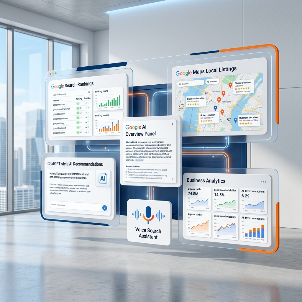 Google Search rankings, Google Maps local listings, ChatGPT-style AI recommendations, Google AI Overview panel, voice search assistant icon, and business analytics.