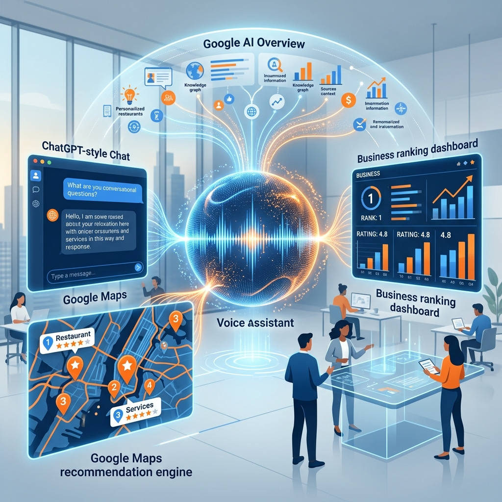 Google AI Overview.ChatGPT style search interface.Voice assistant.Google Maps recommendation engine.Business ranking dashboard.