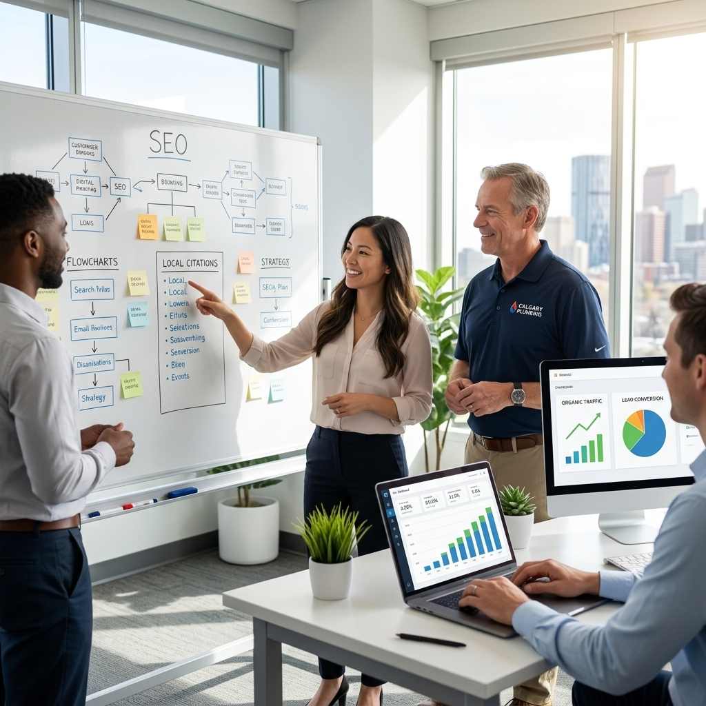 A vibrant illustration showcasing Alberta SEO strategies, highlighting home service contractors and their successful digital marketing campaigns with a modern, clean style.
