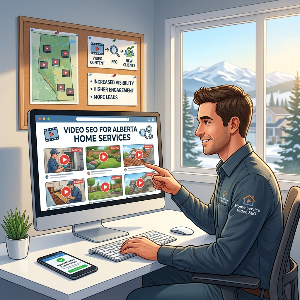 A vibrant illustration showcasing How to Leverage Video SEO to Attract More Home Service Clients in Alberta