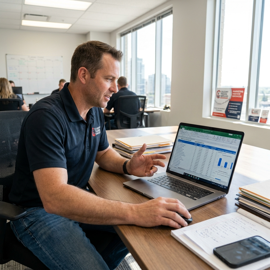 Alberta home service contractor reviewing keyword research data on a laptop showing local search results for Calgary and Edmonton trades businesses.
